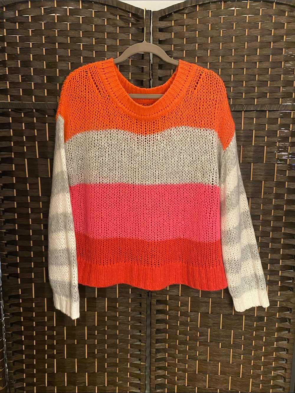 GAP Striped Orange, Pink & Cream Crewneck Sweater w/Wool & Alpaca Size Large